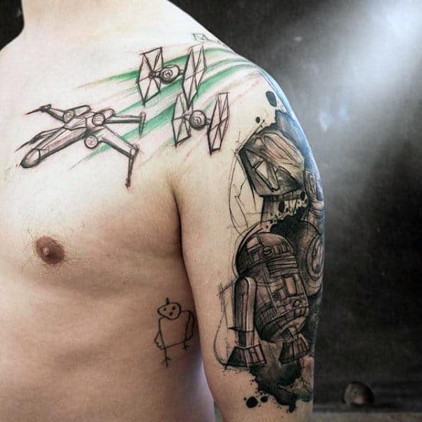 Cool Black And Grey Sketched Guys Rd2d Star Wars Upper Arm And Shoulder Tattoos
