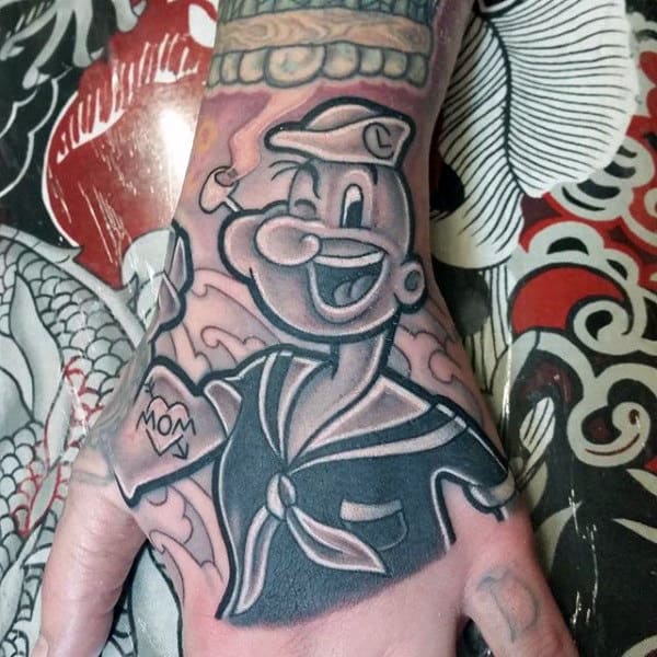 Cool Black And White Ink Popeye Mens Hand Tattoo