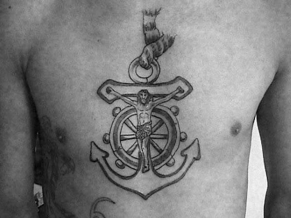 Cool Black Ink Anchor Cross Mens Center Of Chest Tattoo