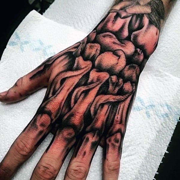 Cool Black Ink Bone Mens Hand Tattoo Designs
