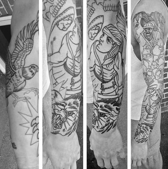 Cool Black Ink Outline Guys David And Goliath Themed Tattoo