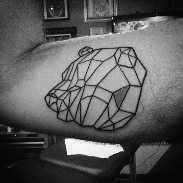 Cool Black Ink Outline Tattoo Of Geometric Bear On Mans Biceps