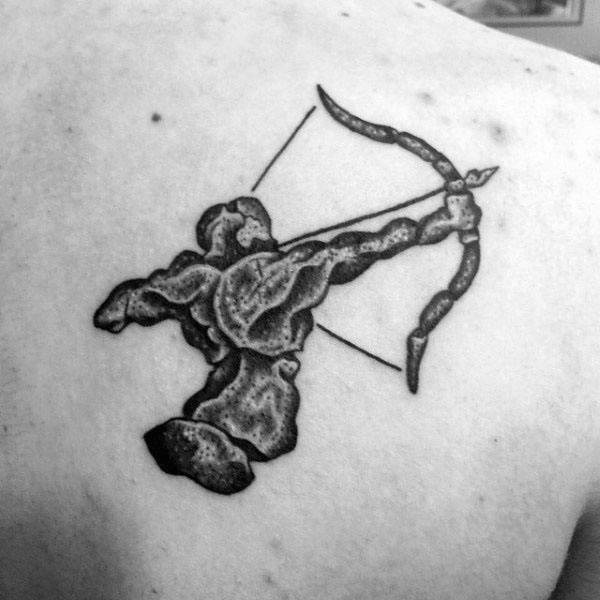 Cool Black Ink Shaded Mens Sagittarius Archer Tattoo On Back