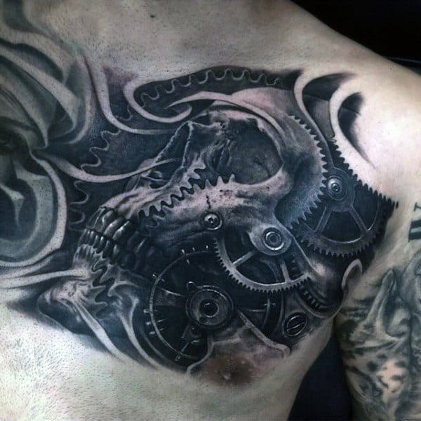 Cool Black Ink Skull With Gears 3d Male Chest Tattoos