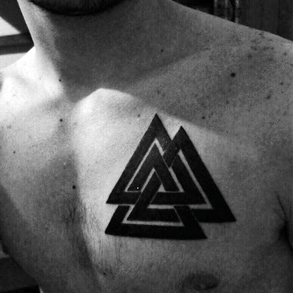 Cool Black Ink Valknut Borromean Rings Male Tattoo On Upper Chest
