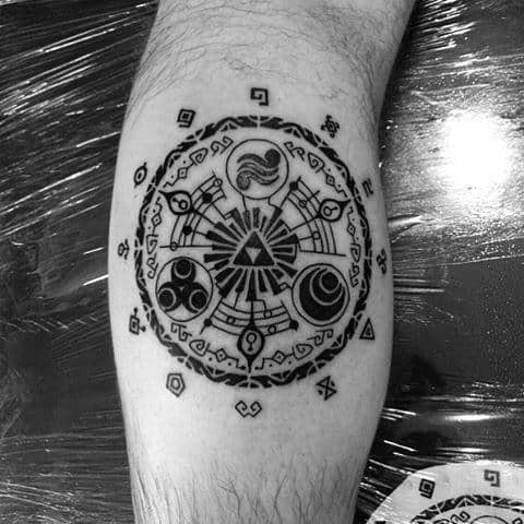 Cool Black Ink Zelda Symbol Guys Leg Calf Tattoo Ideas