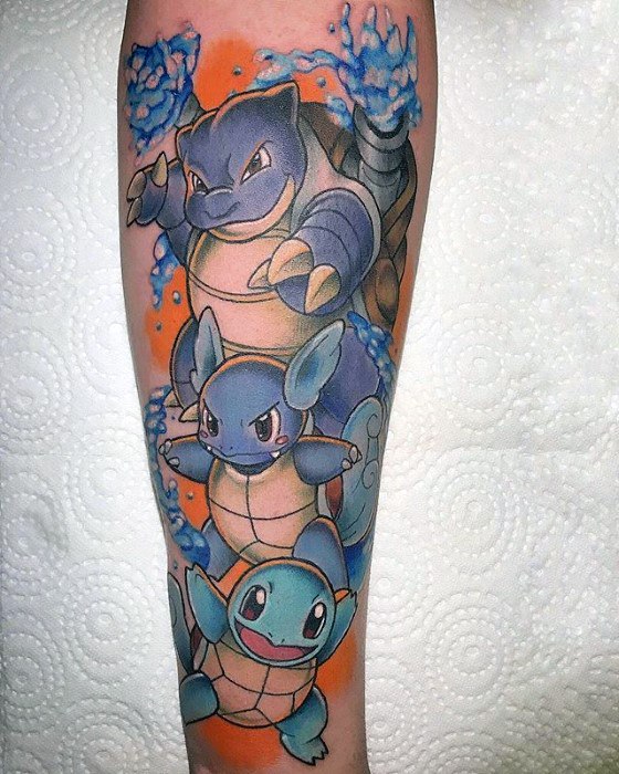 Bright and playful tattoo of Squirtle, Wartortle, and Blastoise with splashing water and an orange background for contrast.