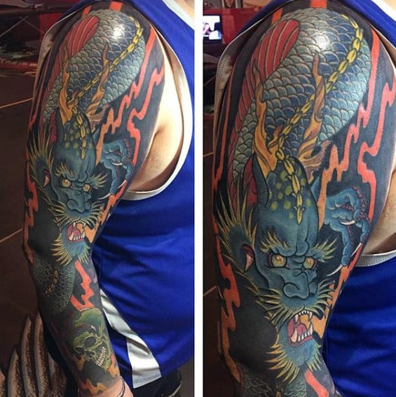 Cool Blue Dragon Full Arm Tattoo Designs For Gentlemen