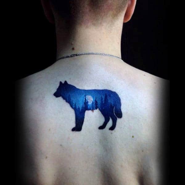 Cool Blue Ink Wolf Forest Mens Small Back Tattoo Ideas