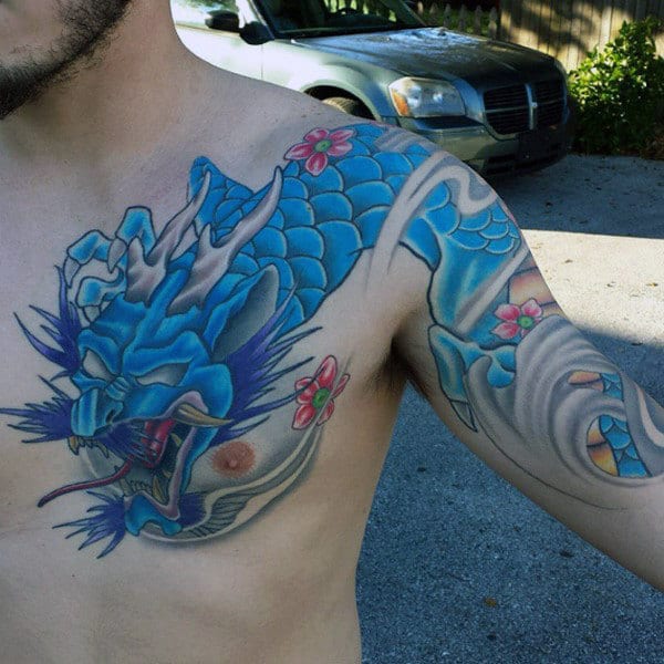 Cool Blue Quarter Sleeve Tattoo For Guys