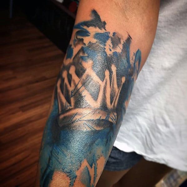 Cool Blue Royal Crown Tattoo On Forearms For Men