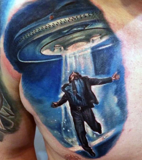 Cool Blue Ufo And Man In Suit Tattoo Male Chest