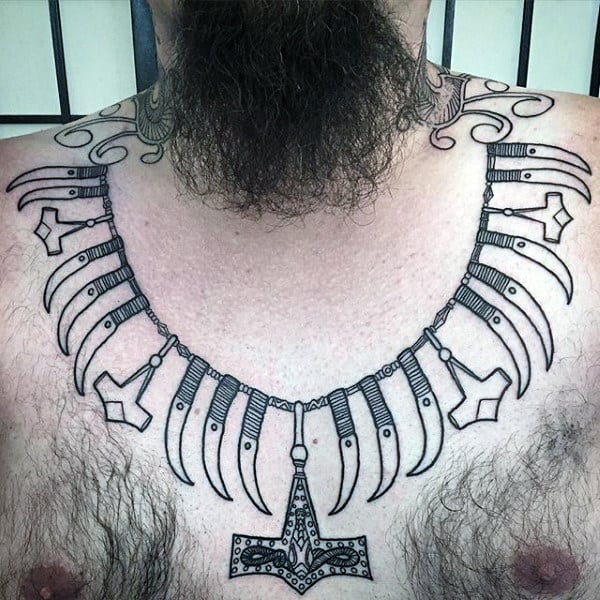 Cool Bone Necklace With Mjolnir Mens Upper Chest Tattoo Ideas