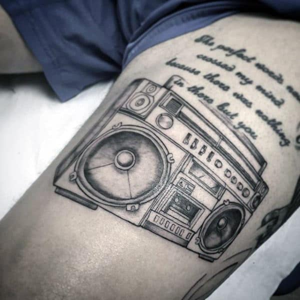 Cool Boombox With Quote Mens Thigh Tattoos