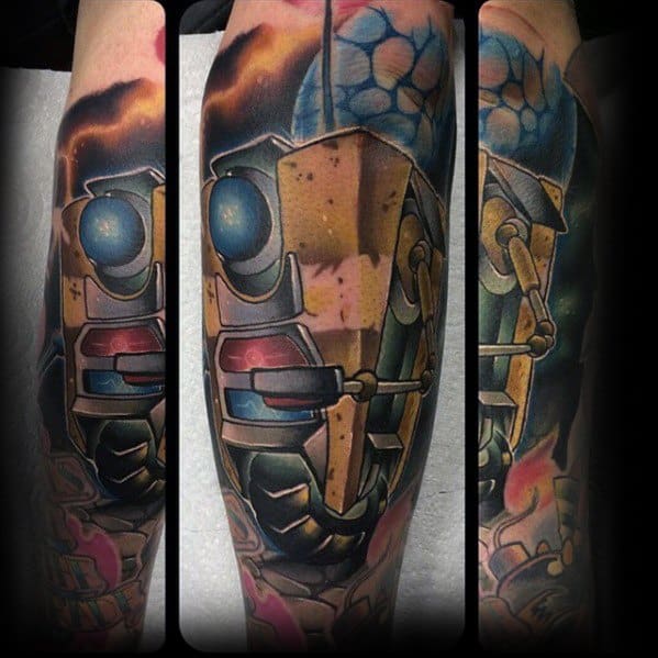 Full-sleeve Claptrap tattoo in a bold 3D style, featuring vivid blue lighting, textured backgrounds, and detailed shading for depth.
