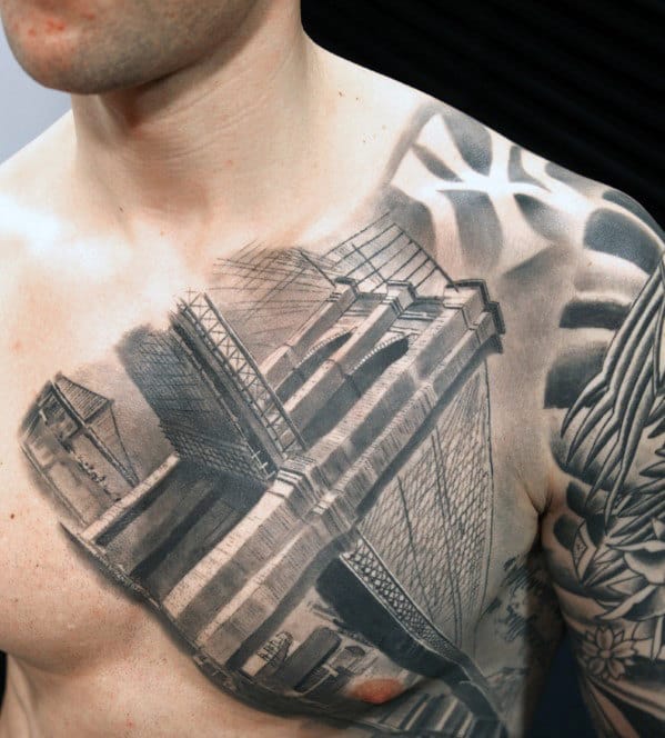 Cool Bridge Nyc Mens Shaded Upper Chest Tattoo Designs