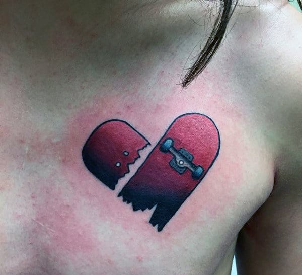 Cool Broken Heart Red Skateboard Upper Chest Tattoo Ideas For Gentlemen