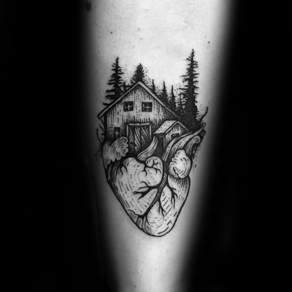 Cool Cabin On Top Of Heart Mens Forearm Tattoo