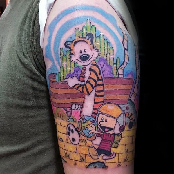 Cool Calvin And Hobbes Half Sleeve Tattoos For Guys