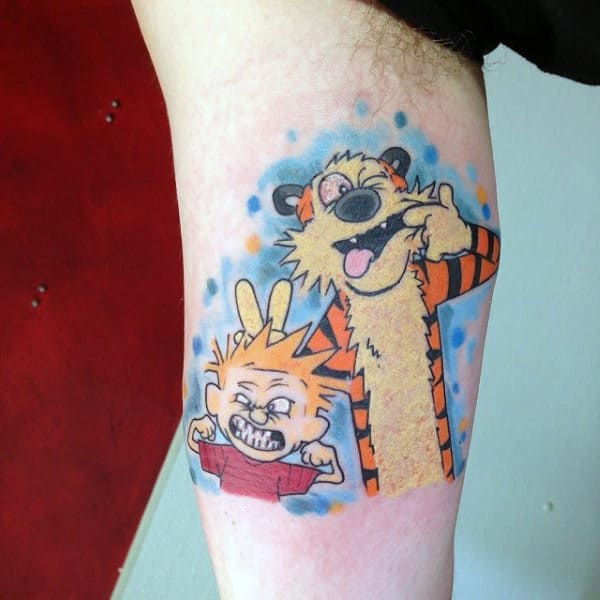 Cool Calvin And Hobbes With Blue Ink Watercolor Background Guys Tattoo