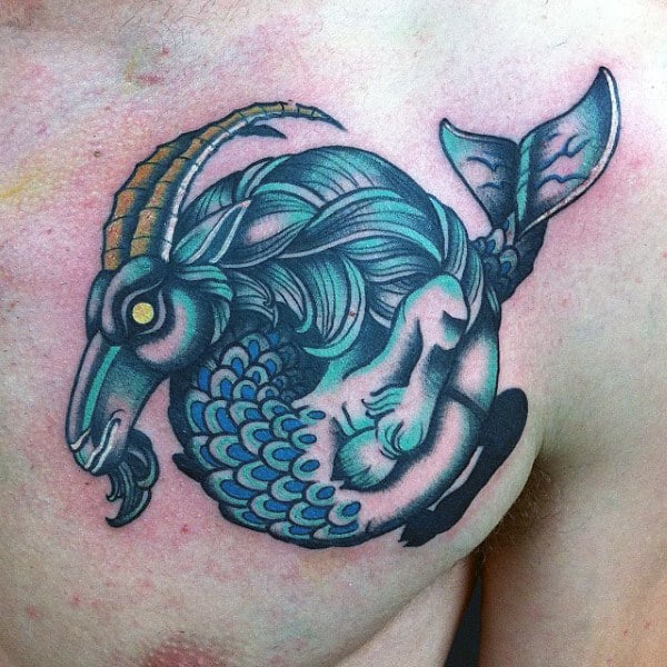 Cool Capricorn Mens Sea Goat Upper Chest Tattoos
