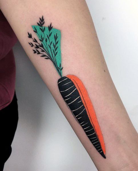 Modern minimalist carrot tattoo on the forearm, featuring bold black, orange, and green geometric shapes for a sleek and artistic design.