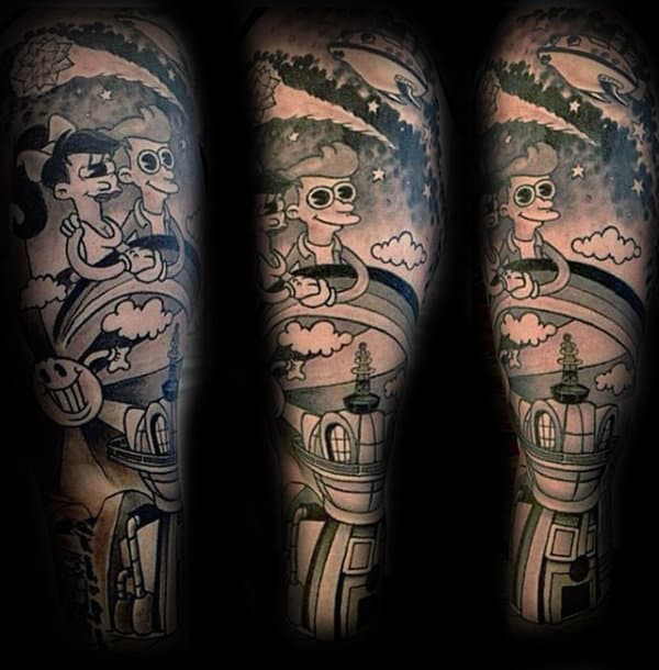 Cool Cartoon Style Mens Futurama Sleeve Tattoos