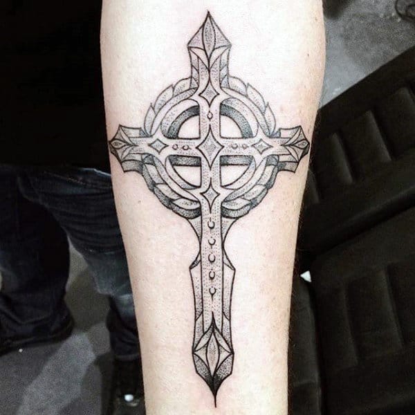 Cool Celtic Cross With Modern Design Tattoo For Guys Inner Forearms