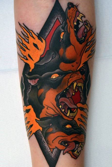 Cool Cerberus Flaming Mens Forearm Tattoos
