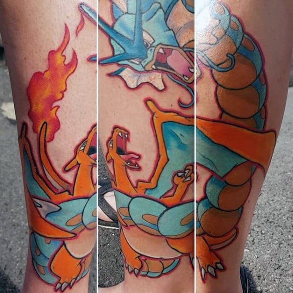 Bold leg tattoo of Charizard battling Gyarados, with intense fire and water elements clashing in a vibrant, action-packed scene.