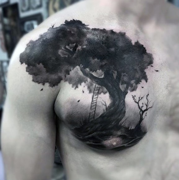 Cool Chest Guys Watercolor Tree Tattoo Ideas