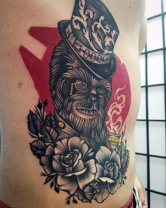 Cool Chewbaccawith Top Hat And Rose Flowers Mens Rib Cage Side Tattoo