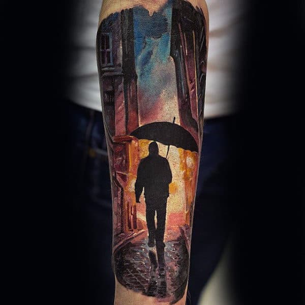 Cool City Street Man With Umbrella Sky Sleeve Tattoo On Forearm