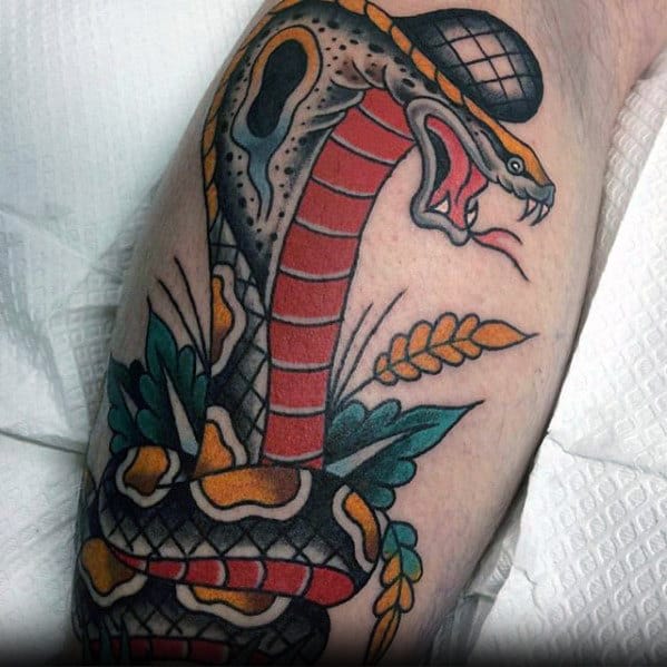 Cool Cobra Snake Traditional Leg Tattoo Designs For Men