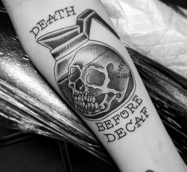 Cool Coffee Death Before Decaf Skull Inner Forearm Tattoo Design Ideas For Male