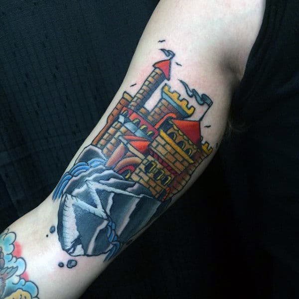 Cool Colorful Mens Castle Tattoo On Biceps
