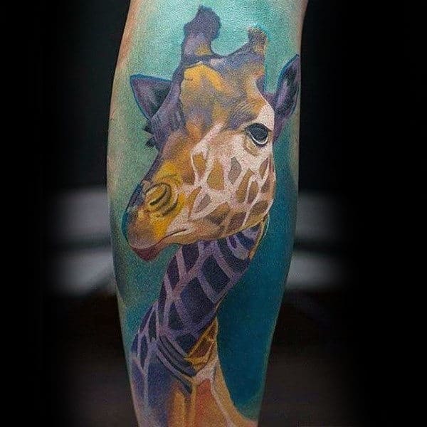 Cool Colorful Mens Giraffe Tattoo On Arm
