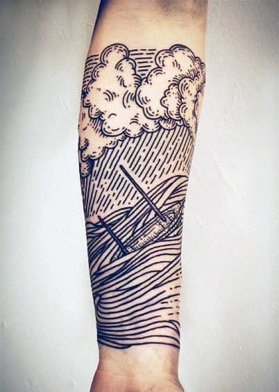Cool Continous Line Tattoos On Men Sailing Ship With Clouds