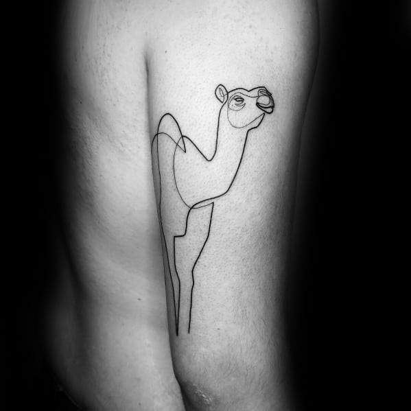 Minimalist continuous line tattoo of a camel on the upper arm, featuring sleek black ink strokes for a modern and artistic look.