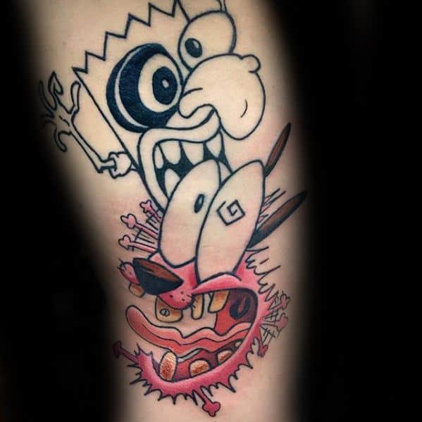 Tattoo mashup of Bart Simpson and Courage the Cowardly Dog, both with wild eyes and intense expressions in a surreal style.
