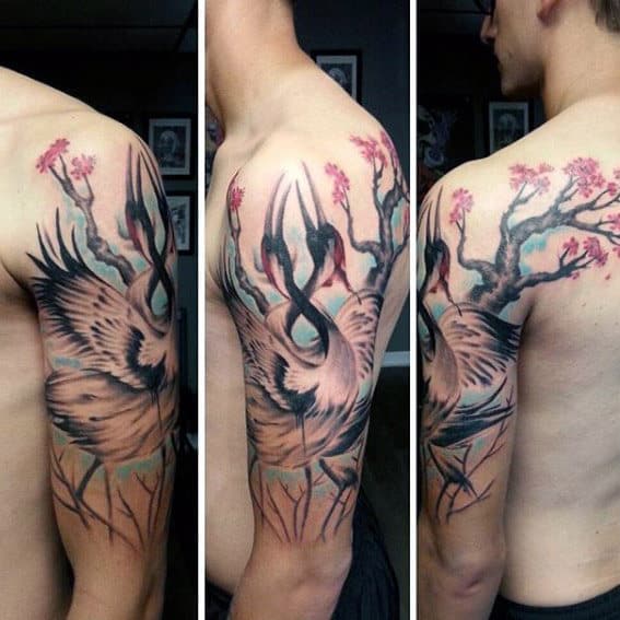 Cool Crane Birds With Cherry Blossom Tree Male Arm Tattoo