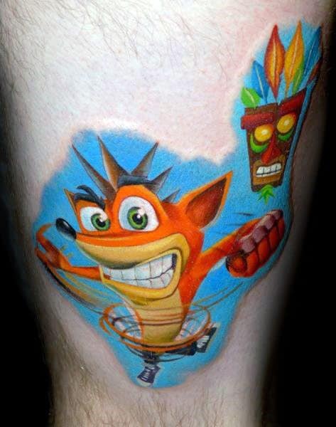 Cool Crash Bandicoot With Aku Aku Video Game Leg Tattoo Design Ideas For Male