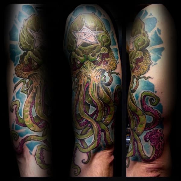 Cool Cthulhu With Blue Watercolor Background Mens Arm Tattoos