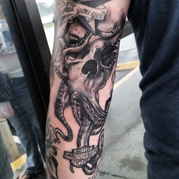 Cool Cthulhu With Skull Head Mens Outer Arm Tattoos