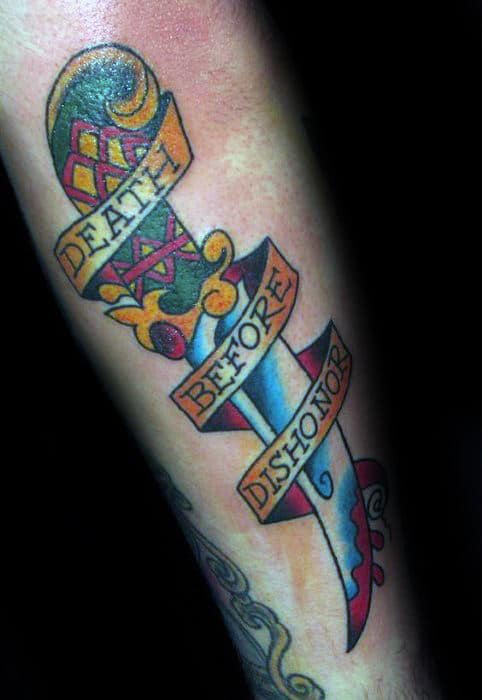 Cool Dagger Death Before Dishonor Guys Outer Forearm Tattoo