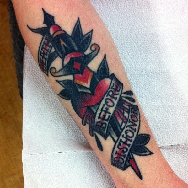 Cool Death Before Dishonor Dagger Forearm Tattoo For Men