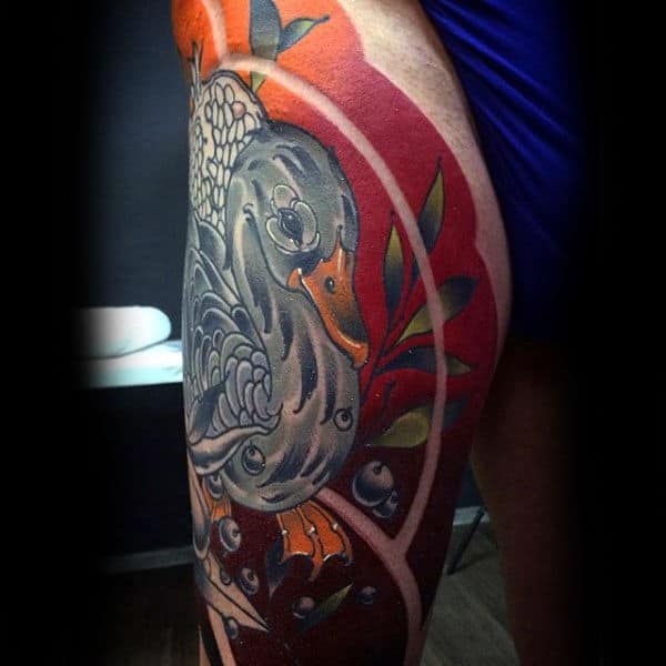 Cool Detailed Shaded Duck With Sun Tattoo For Guys