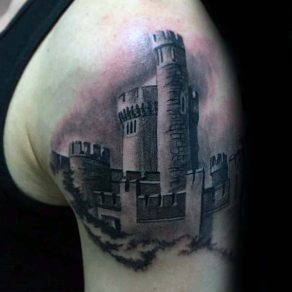Cool Detailed Shaded Ireland Castle Mens Upper Arm Tattoos