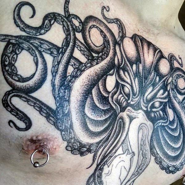 Cool Dotwork Cthulhu Mens Upper Chest Tattoos