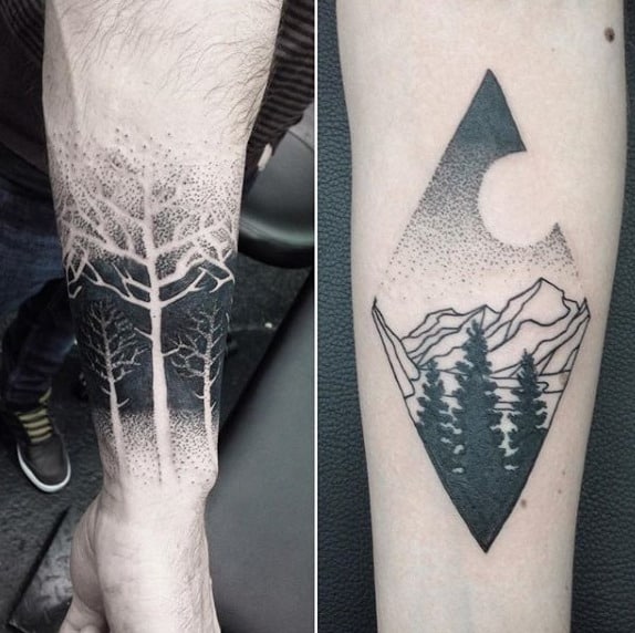 Cool Dotwork Guys Negative Space Tree Forearm Tattoo Ideas